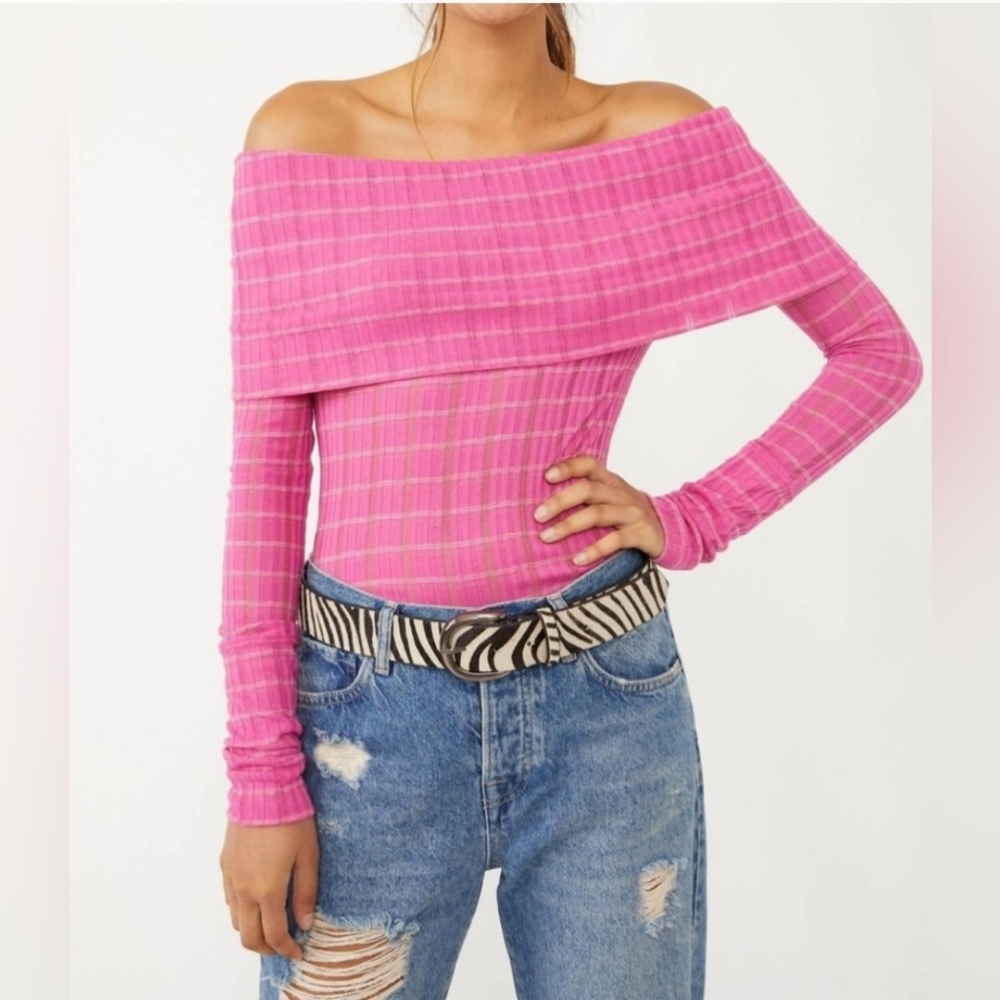 Free People Snowbunny Girlfriend Rib Top in Fuchsia Fizz Combo